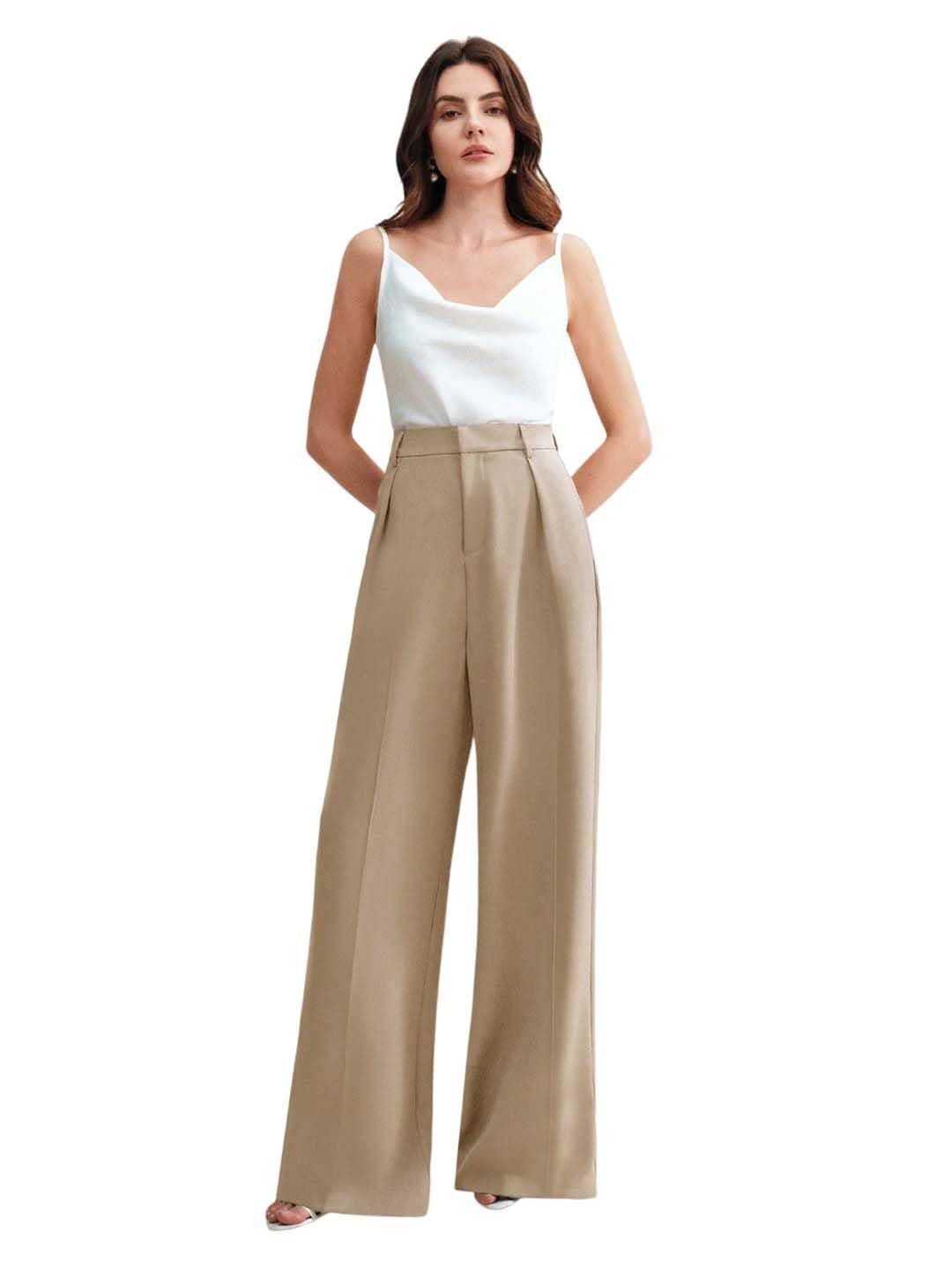 KOTTY Korean Wide Leg Beige Pants for Women Fashion Wear (Beige,XL)-KOTTYWOMENSPANT843XL