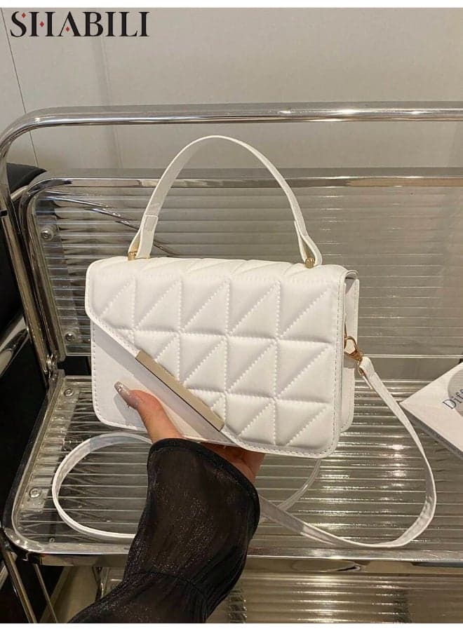 Women Shoulder Bag PU Quilted Top-Handle Crossbody Sling, Ladies Cross Bags Tote Clutch Bag Lightweight Satchel, Large-Capacity Organizer for Teenager Youth Daily Casual Party Travel Commuter (White)
