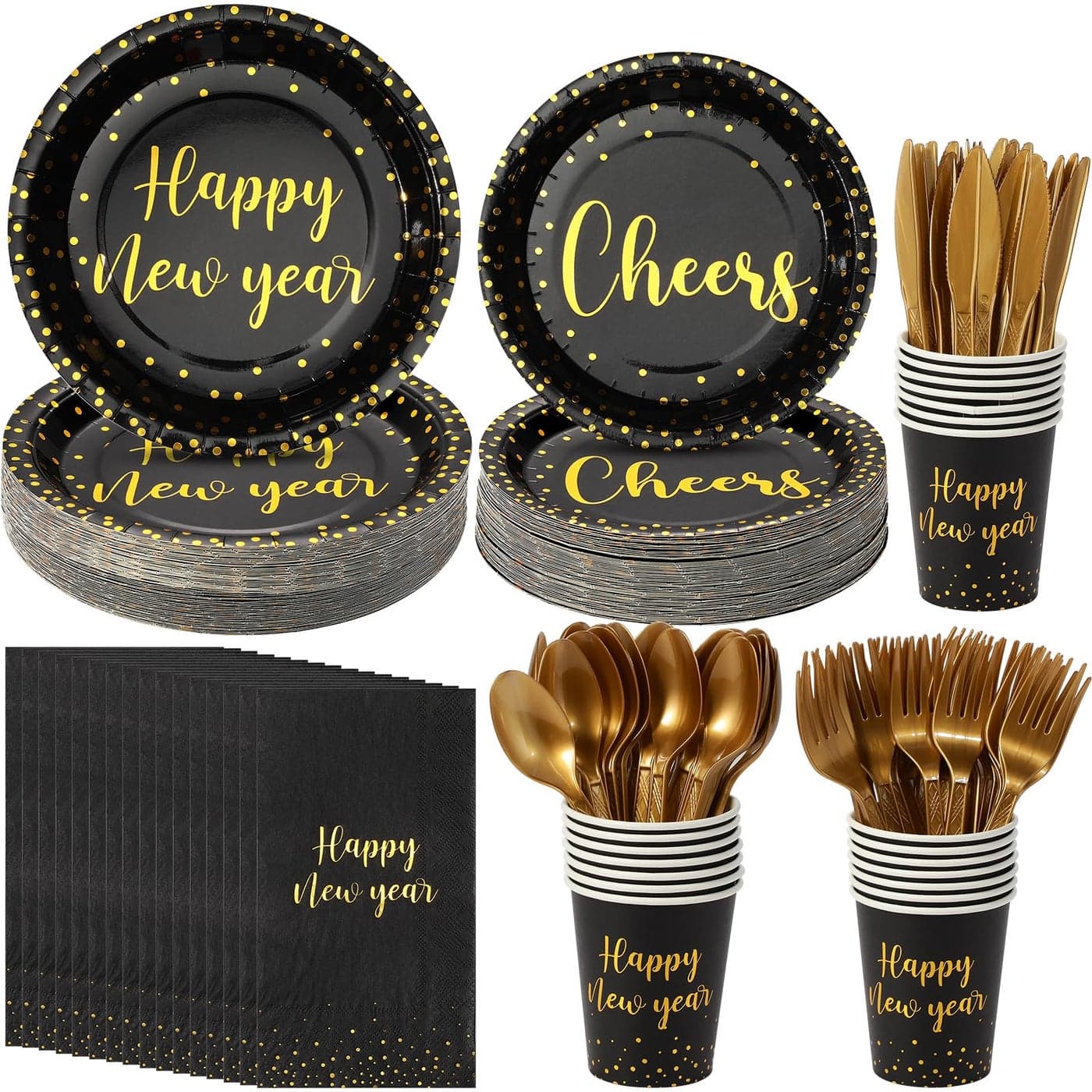 350pcs Happy New Year Paper Plates and Napkins SetDisposable Dinnerware Set Black Gold Foil Dots Plates Napkins Cups Knife Fork Spoon for 2025 New Years Eve Dinner Decorations and SuppliesServe 50