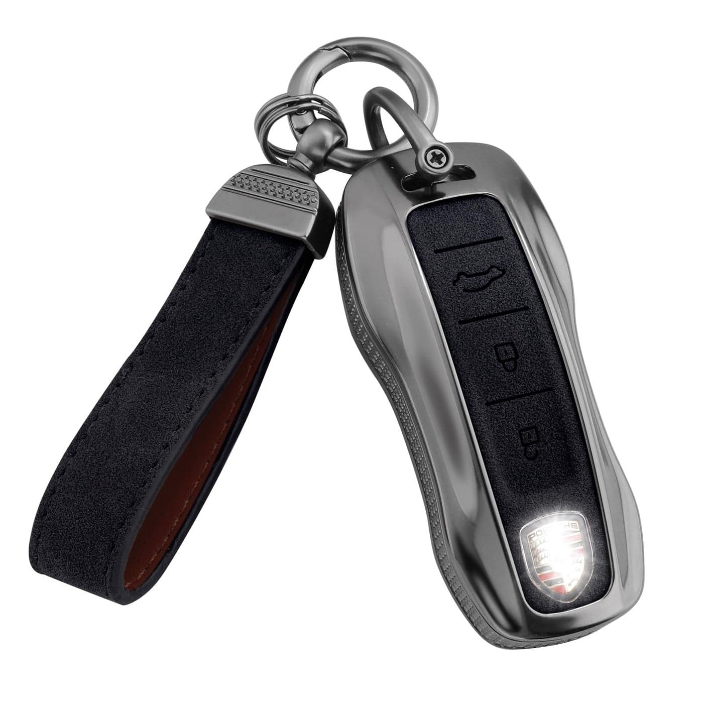 YOYOYE Compatible with Porsche Key Fob Cover with Keychain Leather Key Case Protector Fit for Porsche Cayenne 911 Taycan Panamera Black