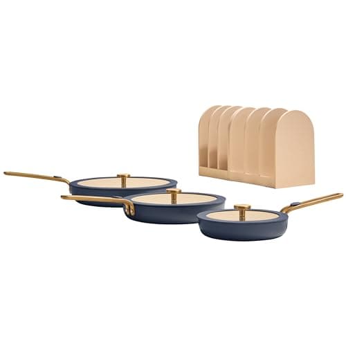 Our Place 8-Piece Essentials Complete Cookware Set - Ceramic Fry Pan Trio & Modular Rack Storage | Nontoxic Thermakind™ Nonstick, Oven Safe up to 450°F & Compatible with All Cooktops | Blue Salt