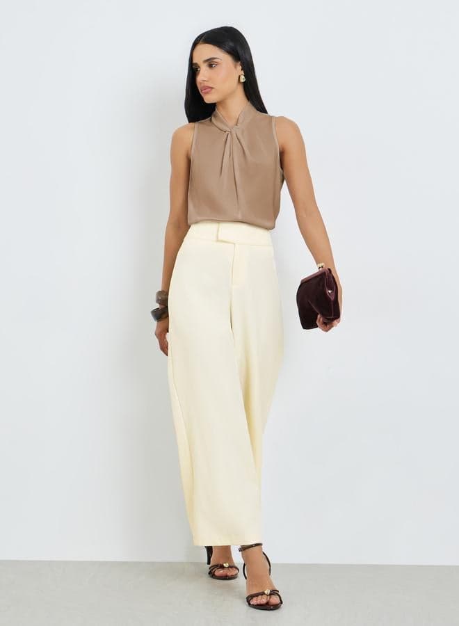 Cream Wide Leg Pants with Extended Waistband