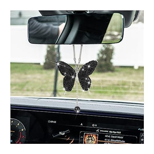 zipelo Bling Butterfly Diamond Car Accessories, Crystal Car Rear View Mirror Charms for Women, Car Decoration Lucky Gifts Hanging Interior Crystal Ornament Pendant Decor for All Cars (Black)