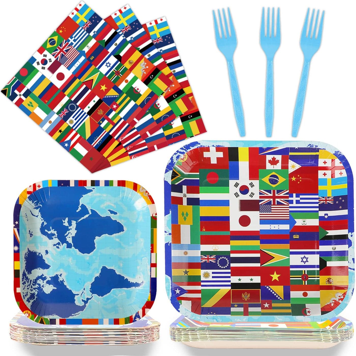 96 Pcs International World Flags Plates and Napkins Party Supplies Travel Trip Around the Globe Tableware Set Retirement Party Decorations Favors for Birthday Baby Shower Serves 24