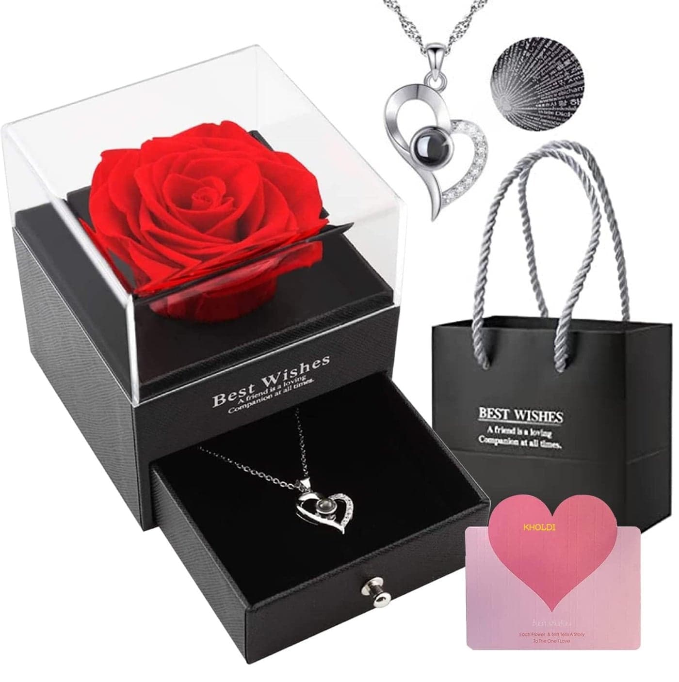 KHOLDI Birthday Gift for Girls Girlfriend Wife Mom Mother Girls Women Friends Anniversary Wedding Valentine Gift Preserved Red Rose Flower Box with I Love You in 100 Languages Silver Necklace