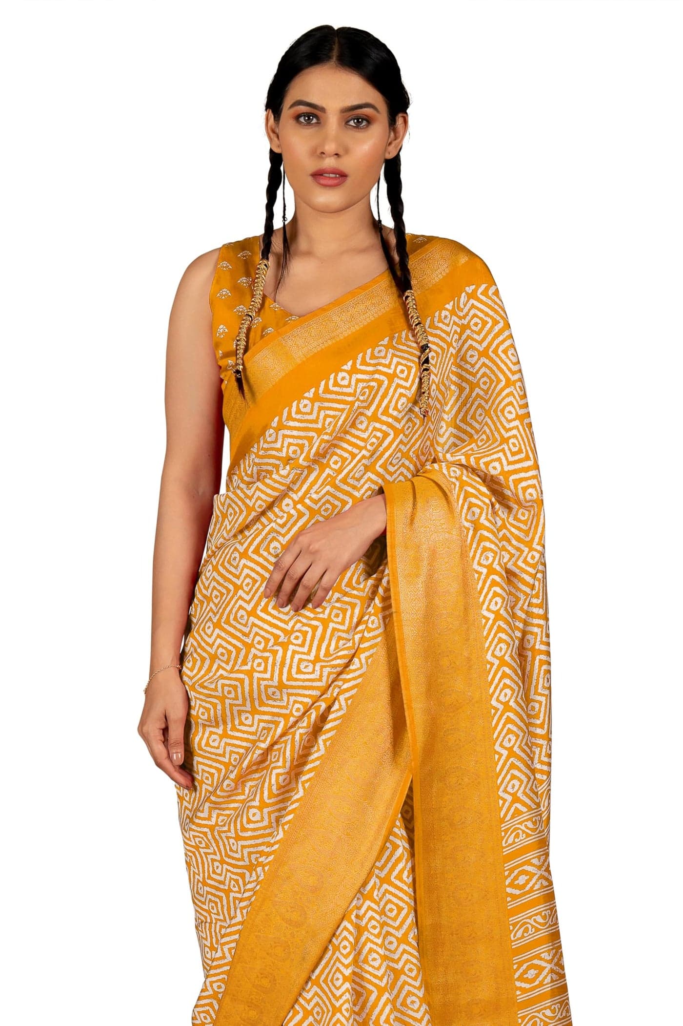 MIRCHI FASHION Women's Cotton Silk Geometric Printed Saree with Blouse Piece (44362 - Mustard Orange, Off White)