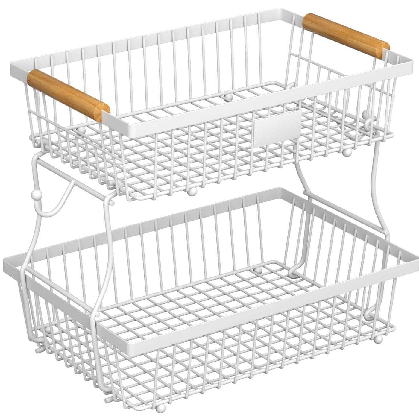 2 Tier Fruit Basket for Kitchen Counter with 2 Banana Hangers Countertop Metal Bread Basket with Wooden Handle Large Storage Stand for Vegetables Snacks Eggs Produce Storage White