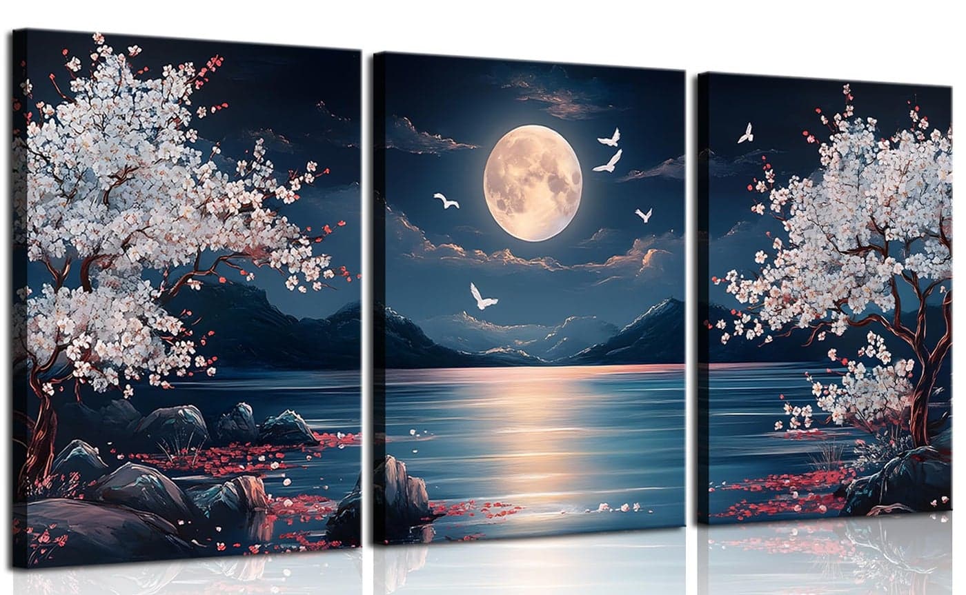 3Pcs Cherry Blossom Moon Lake Canvas Wall Art Nature Landscape Wall Decor Pictures Japanese Aesthetics Floral Posters Prints for Home Office Living Room Decoration 12x16in