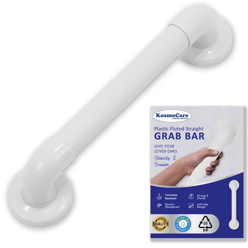 KosmoCare Polypropylene Plastic Grab Bar with Fluted Anti-Slip Design - 12" | Shower Handle for use in Toilet, Bathroom, Stairway Handrail for The Elderly, Pregnant Women & Handicap | Grab Bar Rails |