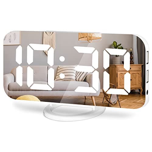 Lamisola White Digital Alarm Clock for Bedrooms, Large LED Mirror Display Despertador Digital, 2 USB Charging Ports, Auto Dim Mode, Clocks for Bedroom Office Living Room