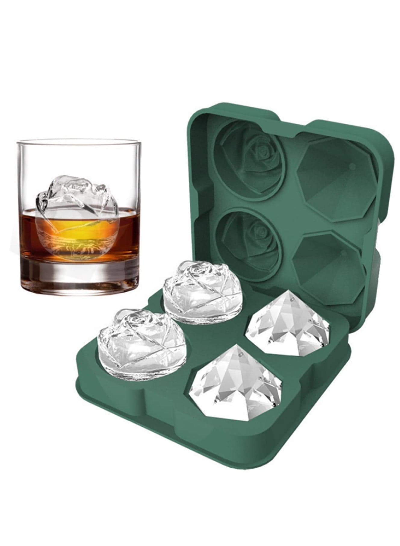 1PCS 4 hole Silicone Ice Cube Tray With Lid 3D Diamond Shaped Silicone Ice Mold Whisky Ice Ball Maker Rose Ice Mould Bar Tool green