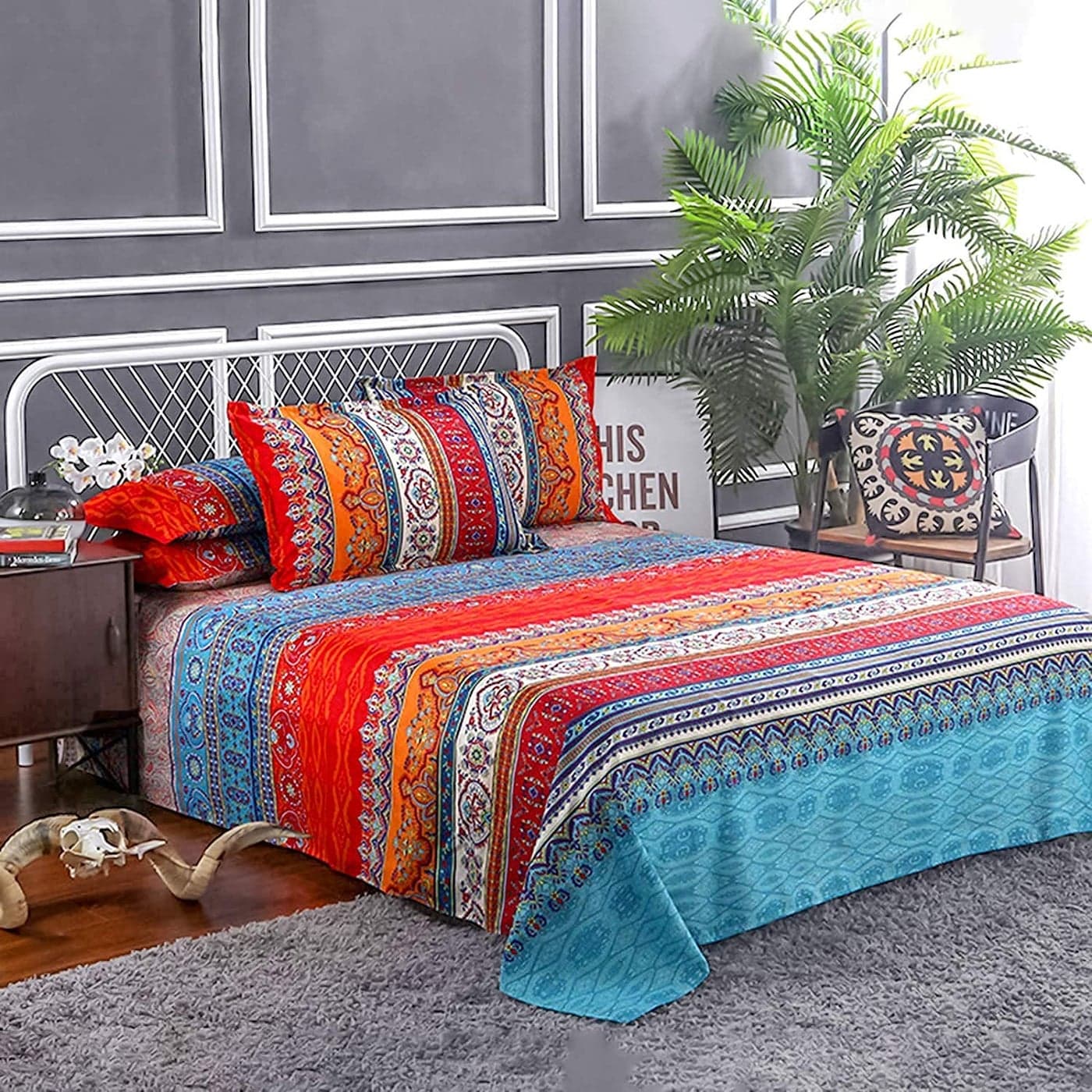 Boho Sheets Set 4 PCS Boho Full Size Colorful Tribal Striped Bed Sheets 14 Deep Pocket Ethnic Fitted Sheet Bohemian Flat Sheets 2 Pillowcases