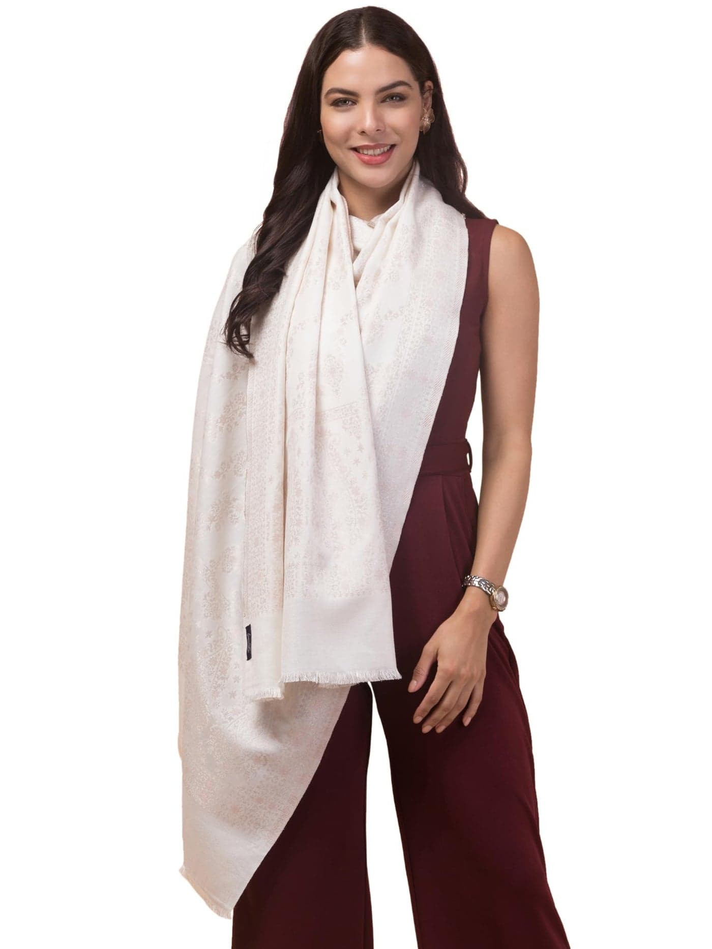 tweedle Women’s White Acrylic Stole/Shawl with Zari Weave in Kashmiri Kani Style, Wedding Wrap for Girls, Medium Size