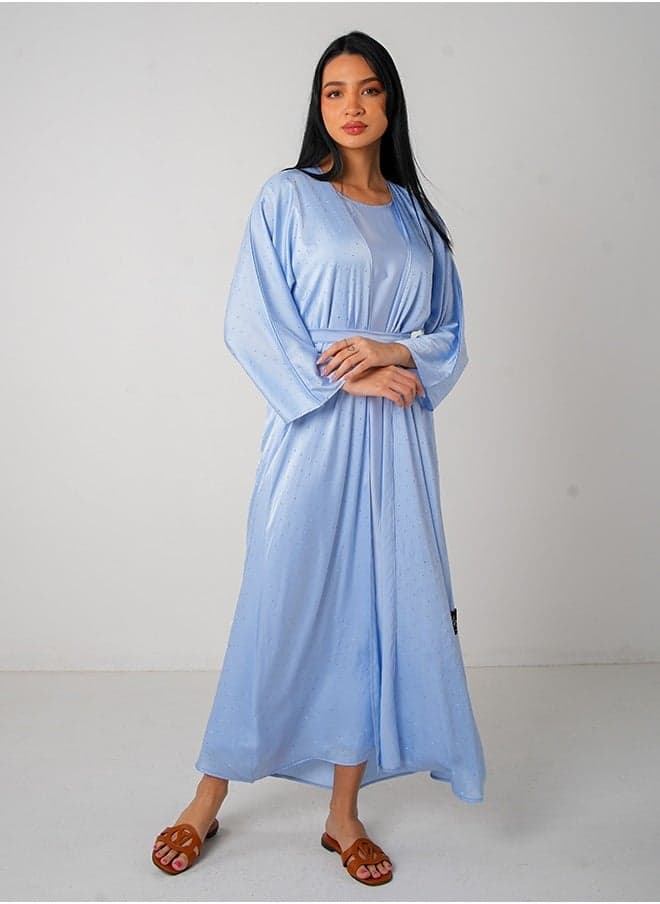 Light Blue Bling Open Abaya 3 pieces Set