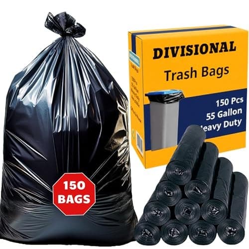 150 Count | 55 Gallon Trash Bags | 150- Pack | Heavy Duty Trash Bags | Heavy Duty Garbage Bags | Black Garbage Bags | Large | 20 Micron