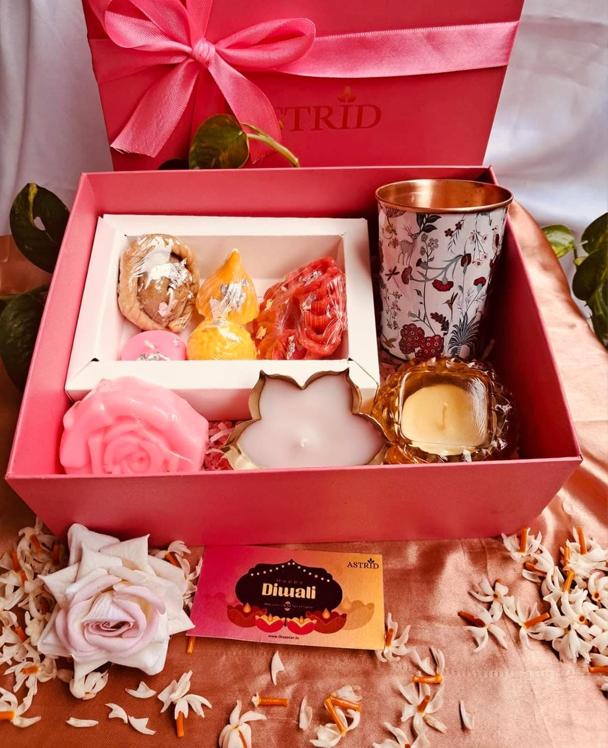 Luxe Diwali Delight Gift Box by Astrid Handmade Gifting Copper Glass mithai Candles Votive Candle soap Organic Soy Wax Candle
