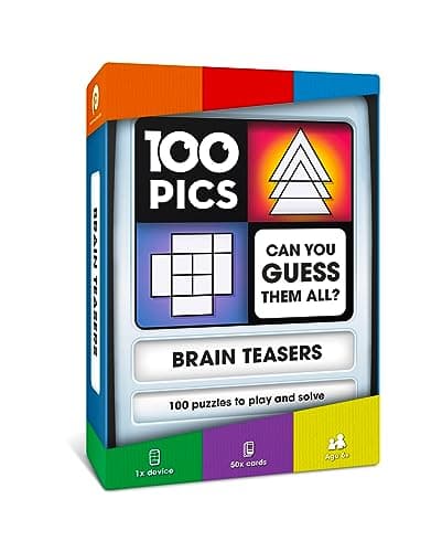 100 PICS Brain Teasers Travel Game Solve 100 Puzzles Flash Cards with Slide Reveal Case Card Game Gift Stocking Stuffer Hours of Fun for Kids and Adults Age 6