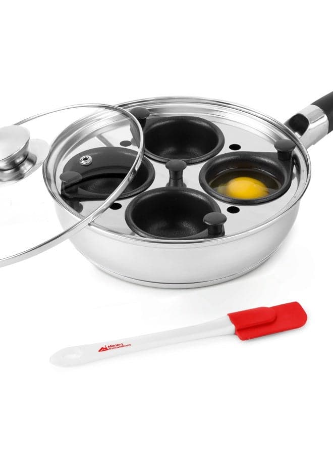 Modern Innovations Egg Poacher Pan Set With 4 Nonstick Large Egg Poaching Cups Stainless Steel Frying Pan Silicone Handle Glass Lid Removable Tray Insert And Bonus Spatula