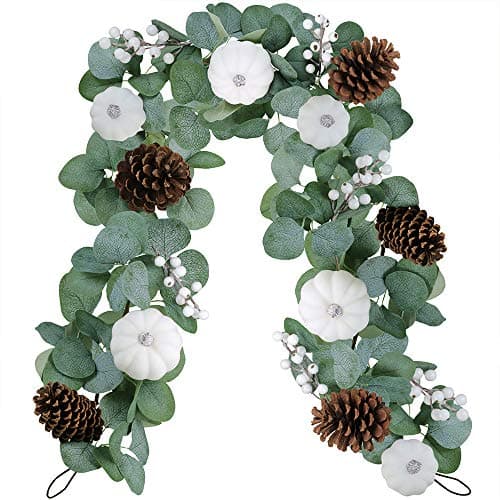 Winlyn White Pumpkin Garland Artificial Eucalyptus with White Pumpkins Pinecones Berries Fall Foliage for Wedding Arch Backdrop Thanksgiving Table Runner Farmhouse Decor 6' Long