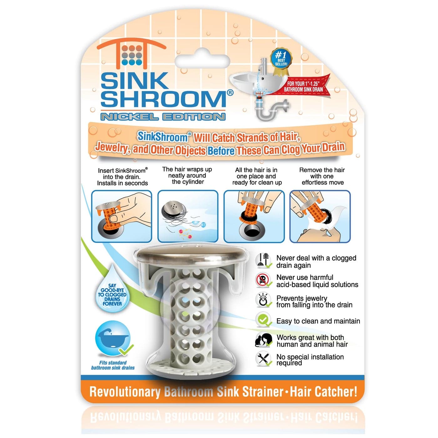 SinkShroom Revolutionary Bathroom Sink Drain Protector Hair Catcher Strainer Snare Nickel Edition