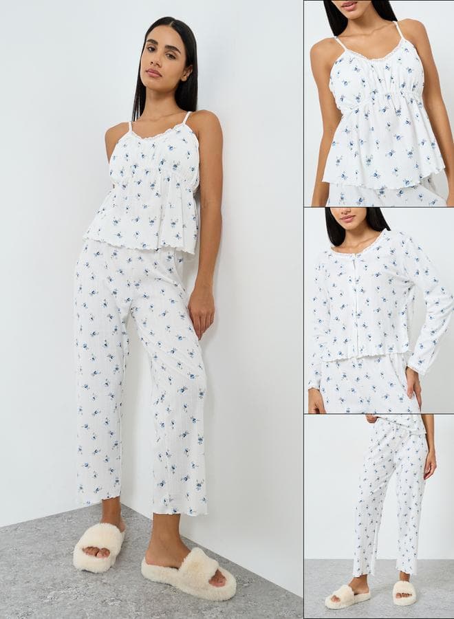 Pack of 3 - Ditsy Floral Ruched Front Lace Detail Cami, Shirt and Pyjama Set