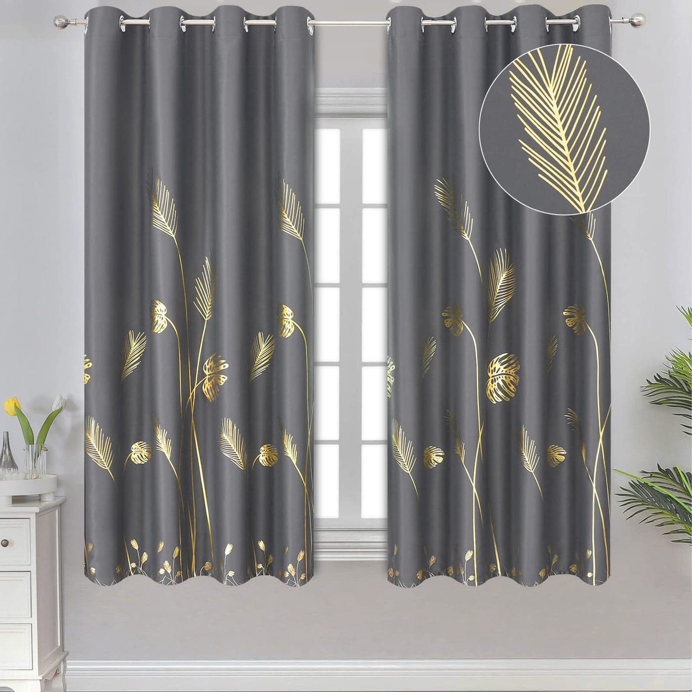 Estelar Textiler Palm Leaves Blackout Curtains 63 inch Length 2 Panels for Bedroom Light Blocking Blackout Drapes Thermal Insulated Window Grommet Curtains for Living Room 52Wx63L Dark Grey