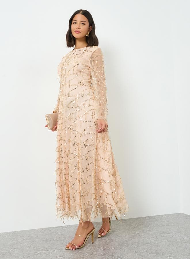 Beige Sequin Maxi Dress with Long Sleeves — XL