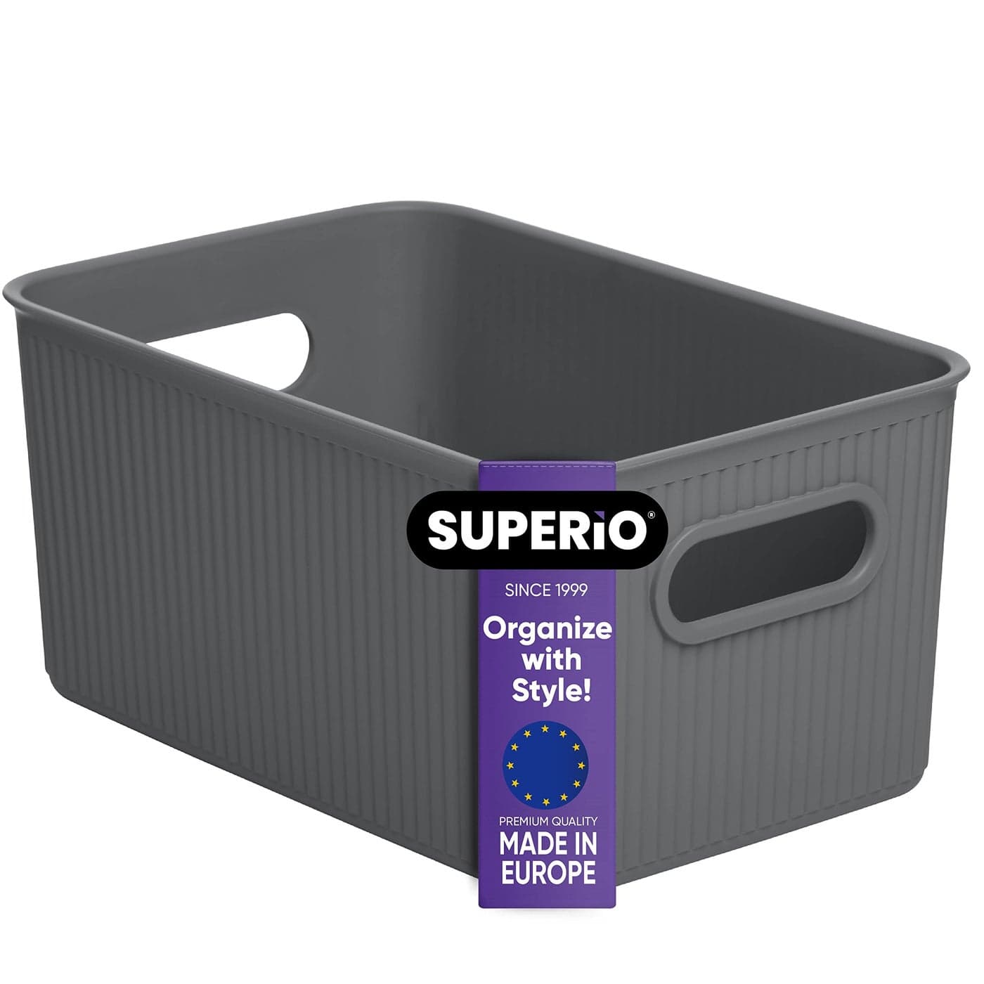 Superio Ribbed Collection Decorative Plastic Open Home Storage Bins Organizer Baskets Medium Grey 1 Pack Container Boxes for Organizing Closet Shelves Drawer Shelf 5 Liter