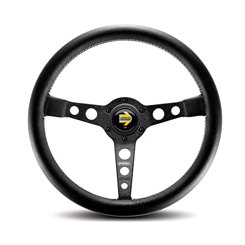 Prototipo 350mm Black Leather Steering Wheel | Black Anodized Spokes, White Stitching | Classic Racing Style | Comfortable Grip | Vehicle Specific Fit | 30x30 mm Rim Diameter