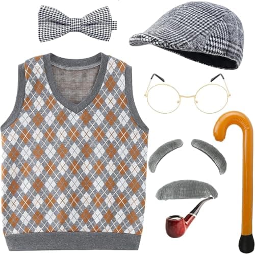 100 Days Of School Old Man Costume for Kids Boys 100th Day Dress up Accessories Grandpa Hat GlassesOld Person Mustache and Eyebrows Cane Prop10 12 Years