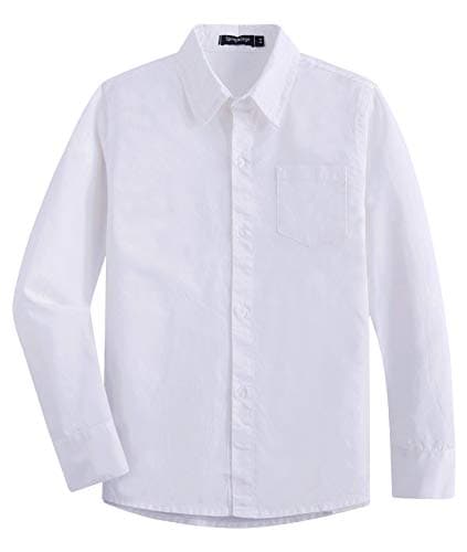Spring&Gege Boys' Long Sleeve Woven Dress Shirt Formal School Uniform Button Down Shirt with Chest Pocket, White, 5-6 Years