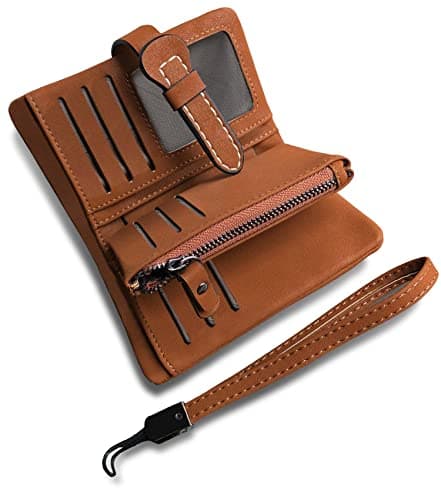 AOXONEL Women's Small Bifold Leather wallet Rfid blocking Ladies Wristlet with Card holder id window Coin Purse (Brown3)