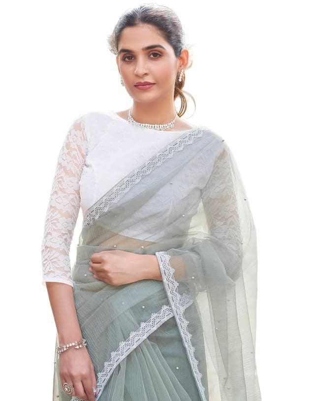 SIRIL Women's Shimmer Net Saree | Sari for Women | Pearl Work Sarees With Unstitched Blouse Piece (3563S366A_Grey)