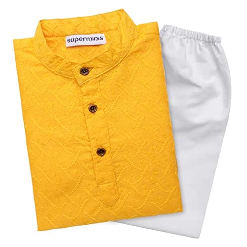 superminis Baby Boys Ethnic Wear Colored Cotton Chikankari Kurta, Round Collar, Full Sleeves With White Pyjama, Kurta Set (Yellow, 8-9 Years)