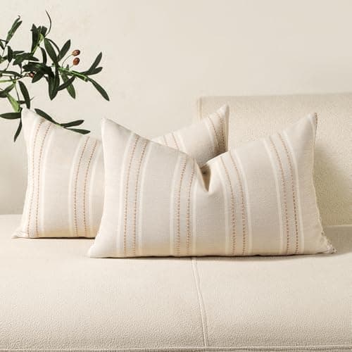 Hckot Throw Pillow Covers 12x20 Set of 2 Striped Pillow Covers Textured Linen Decorative Pillows Lumbar Cushion Covers for Sofa Couch Bed Living Room Farmhouse Decor Khaki