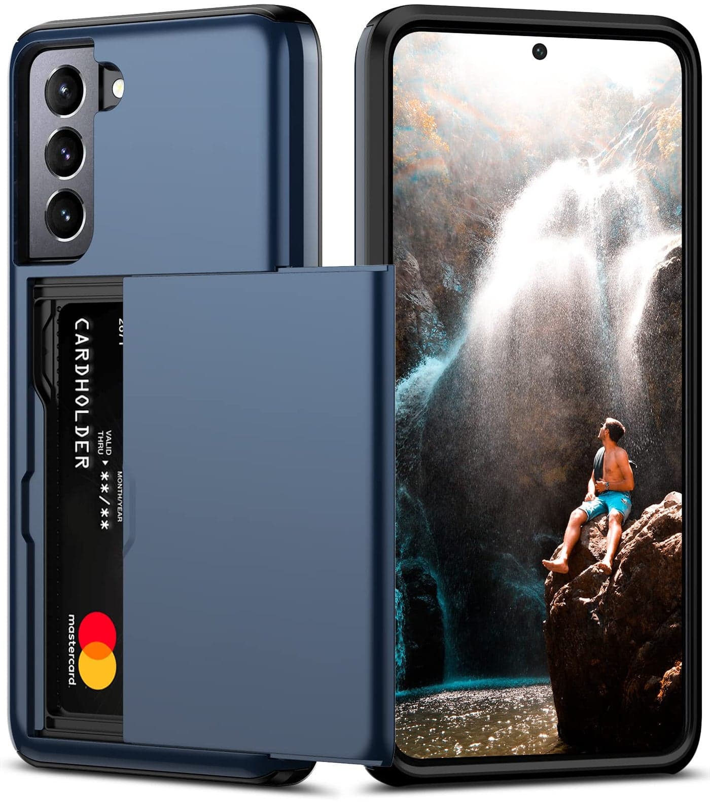 Nvollnoe for Samsung S21 FE Case with Card Holder Dual Layer Heavy Duty Protective for Galaxy S21 FE 5G 6.4'' (Blue)