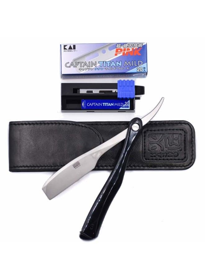 Kai Kasho Captain Japanese Professional Folding Straight Edge Barbering Razor with Leather Case - 20 Kai Captain Titan Blades Included - Also Compatible with Feather Artist Club Blades