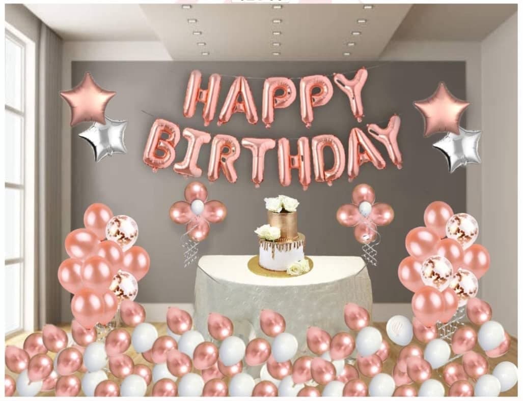 HK balloons Pack Of 51 Pcs Rose Gold Birthday Decorations Items Combo Set With Happy Birthday Foil Letters Set Latex Balloons, Metallic Balloons, Curling Ribbons For Girls,Wife'S Birthday Decorations