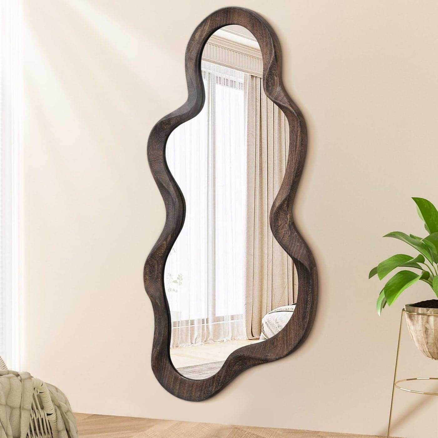 Asymmetrical Mirrors for Wall Unique Cloud Wood Frame Irregular Mirror Modern Living Room Bedroom Vanity Entryway Hallway Decorative Artistic Wall Mirror