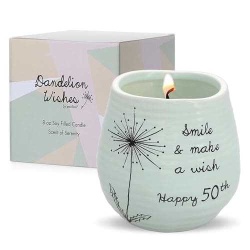 Pavilion Gift Company - 8 Oz Candle Holder - Green Ceramic Candle Jar with 100% Soy Wax Candle Serenity Scent "Smile And Make A Wish, Happy 50th" Ideal Gift for Loved Ones - Printed Text, Love Theme