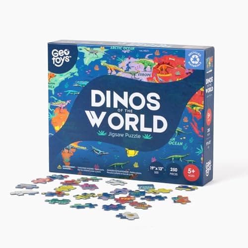 Geotoys Dinos of The World Jigsaw Puzzles for Kids Dinosaur Jigsaw Puzzle for 5 Year Old 250 Piece Puzzles for Kids Educational Dinosaur Puzzle Gifts for Dino Lovers Made in USA
