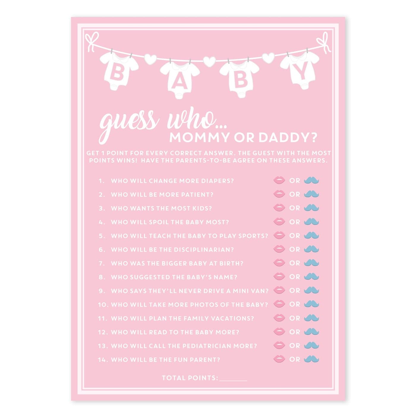 Party Hearty Baby Shower Games for Girl 50 pcs Pink Mommy or Daddy Guess Who Game Fun Activity Cards Ideas