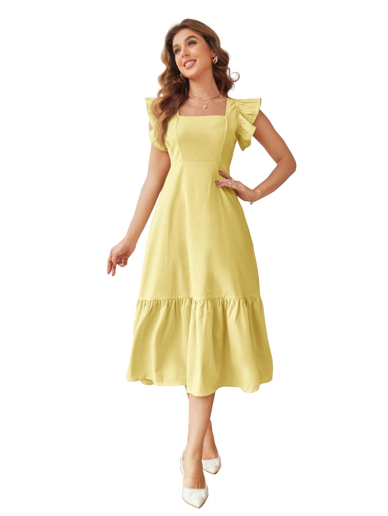 Shasmi Girl's & Women's Solid Yellow Color Square Neck, Ruffle-Trimmed Hem Sleeveless, Ruffle Armhole and Casual Dress with Cinched Waist Vacation Outfits Woman (Dress 162 Yellow-3XL)