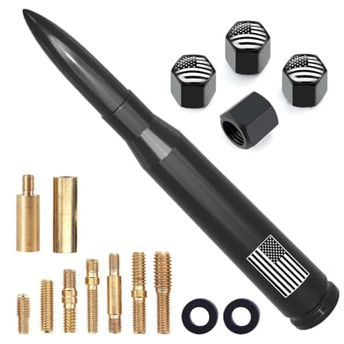 Car Truck Antenna with Tire Valve Caps American Flag Universal Short Replacement for GMC Sierra Chevy Silverado Dodge Ram 1500 2500 3500 Ford F150 F250 F350 Super Duty Raptor Radio Accessories Black