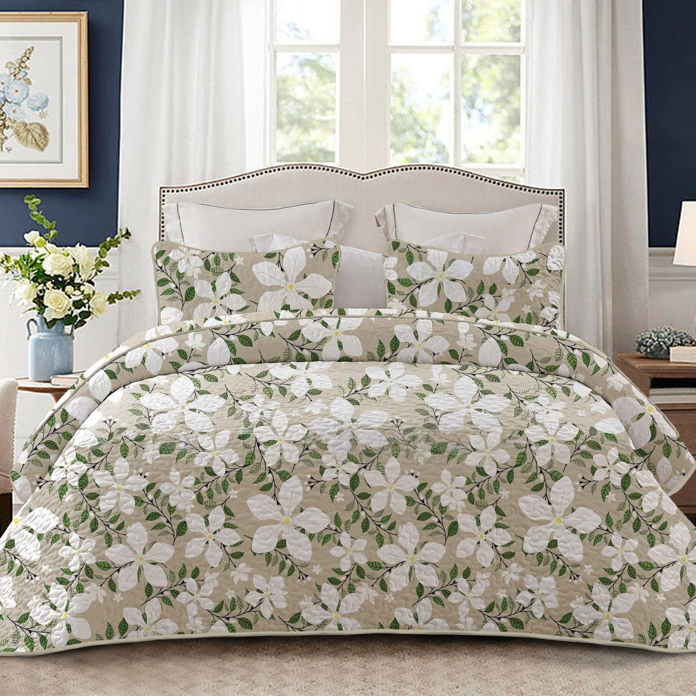 Whale Flotilla Reversible Floral Quilt Set King Size Lightweight Boho Printed Bedspreads Coverlets Quilts Bedding Set with 2 Pillow Shams for All SeasonsWhiteBone