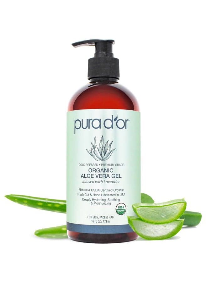 Organic Aloe Vera Gel (16oz) with Lavender - All Natural Moisturizer for Skin & Hair - Sunburn, Eczema Relief