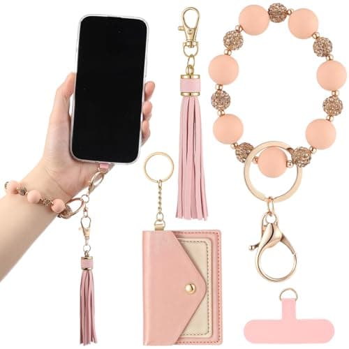 Locmeo Silicone Beaded Cell Phone Wrist Strap, Silicone Key Ring Bracelet with Tether Tab Tassel, Pink Elastic Wristlet for Phone, Wristlet Bracelet Keychain for Women Wallet Credit Card Key Holder