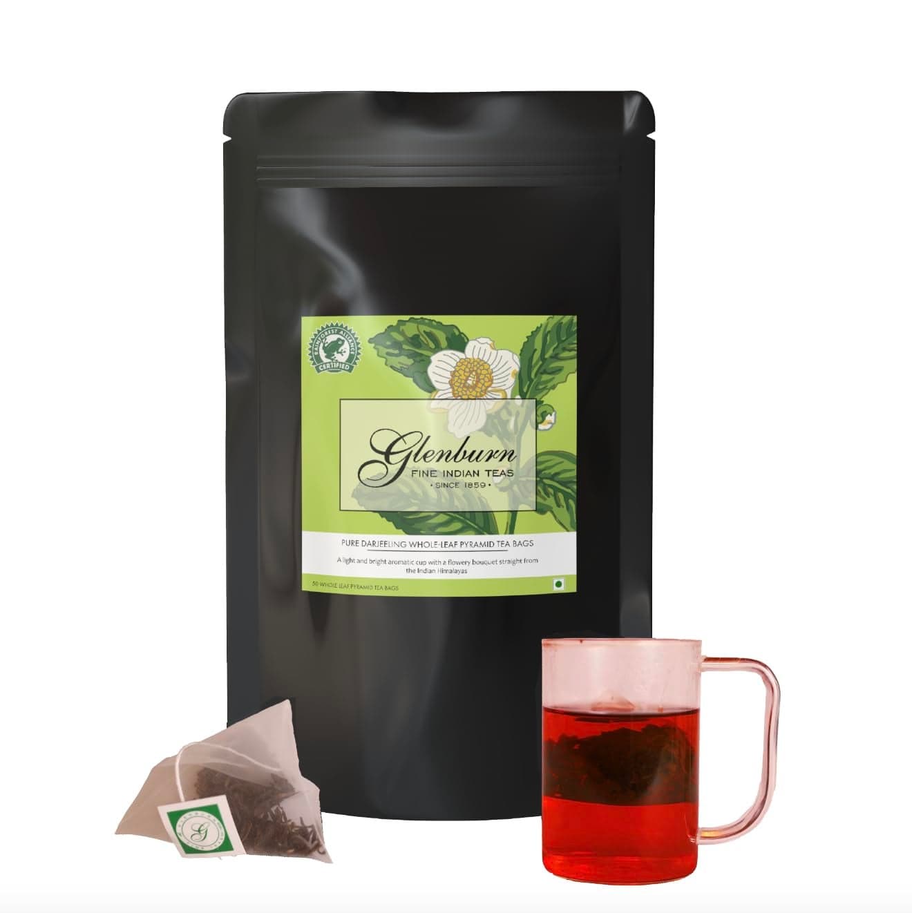 Glenburn Pure Darjeeling Pyramid Silk Tea Bag 50pc - Fresh and Direct from Glenburn Tea Estate I Savour the Flavour of Premium Single-Estate Darjeeling Tea