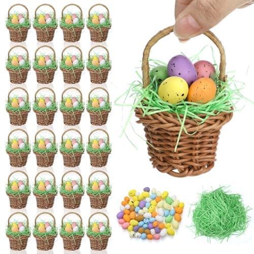 Seenelling 24 Pcs Mini Easter Eggs Basket Set Small Woven Wicker Baskets with Pastel Easter Eggs Green Raffia Grass Foam Speckled Egg Spring Decorations Party Favors