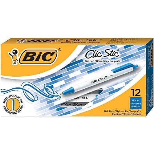 BIC Clic Stic Blue Retractable Ballpoint Pens, Medium Point (1.0mm), 12-Count Pack, Round Barrel Design for Comfortable Writing